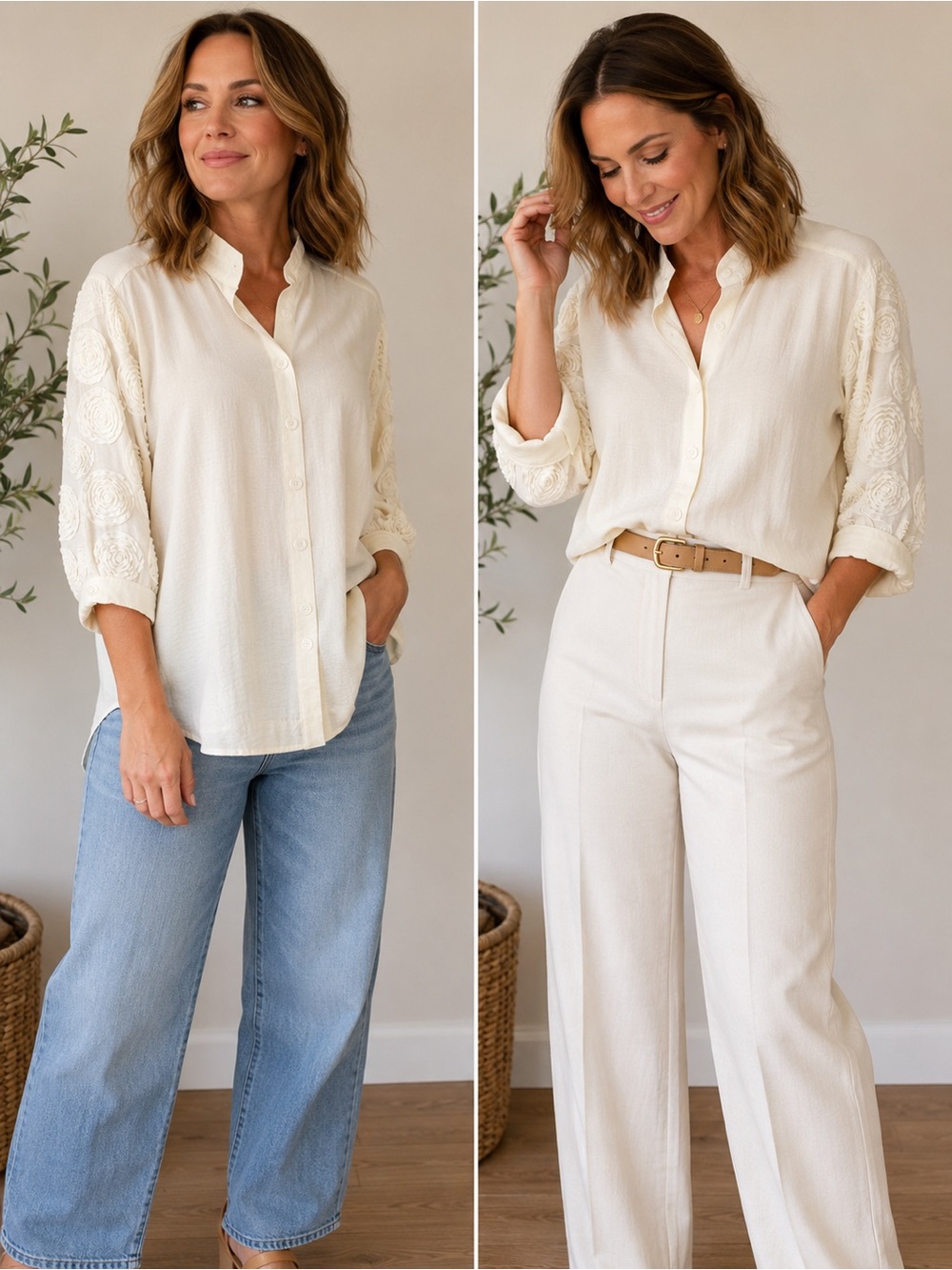 John Mark Cream Women's Top with Floral Appliqué Sleeves